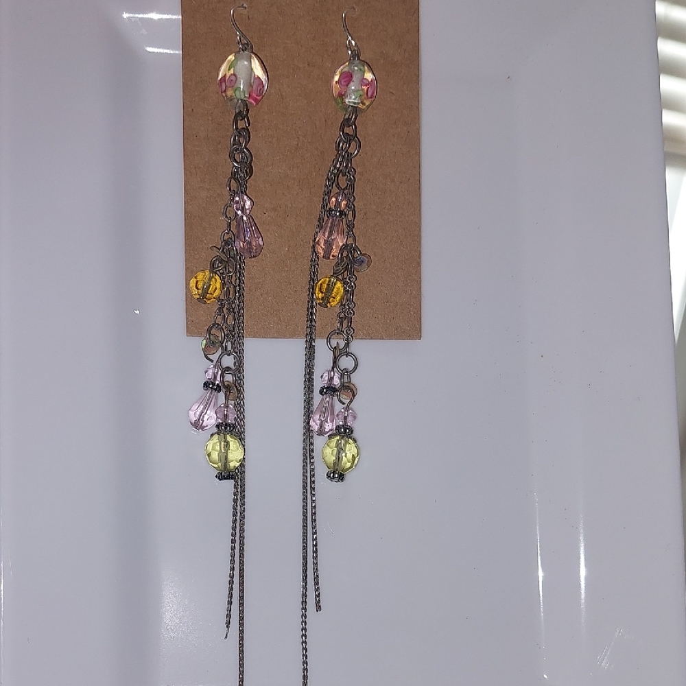 Vintage Pink Lampwork Rose Beads Long Dangle.Ear Wires Replaced With 925 Wires.